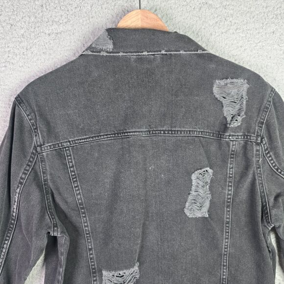 Divided Black Denim Jacket Thrashed Distressed Raw Hem Oversized Y2K Fall Retro - Picture 13 of 16